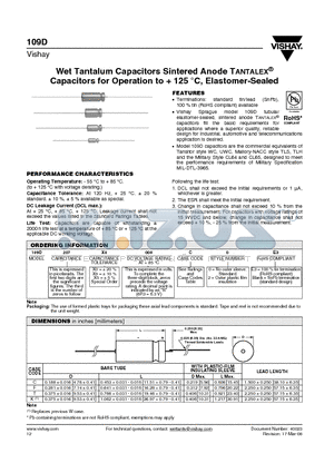 109D106X0050C0 datasheet - Wet Tantalum Capacitors Sintered Anode TANTALEX^ Capacitors for Operation to  125 `C, Elastomer-Sealed