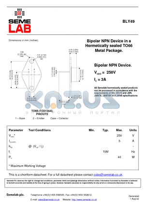BLY49 datasheet - Bipolar NPN Device in a Hermetically sealed TO66 Metal Package