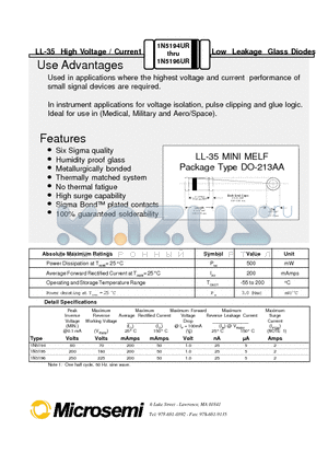 1N5194UR datasheet - LL-35 High Voltage / Current Low Leakage Glass Diodes