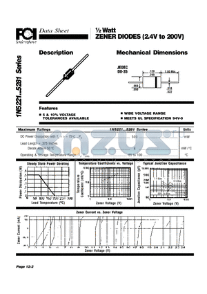 1N5221 datasheet - 1/2  Watt ZENER DIODES