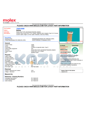 0150200066 datasheet - 0.50mm Pitch Premo-Flex FFC Jumper, Opposite Side Contacts (Type D), 6 Circuits,