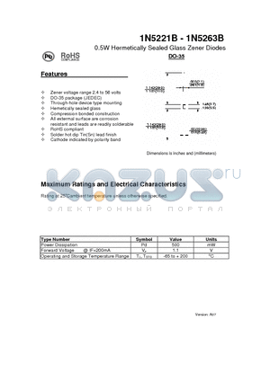 1N5221B datasheet - 0.5W Hermetically Sealed Glass Zener Diodes