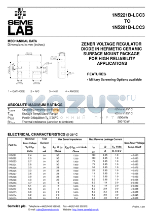 1N5221B-LCC3 datasheet - ZENER VOLTAGE REGULATOR DIODE IN HERMETIC CERAMIC SURFACE MOUNT PACKAGE FOR HIGH RELIABILITY APPLICATIONS