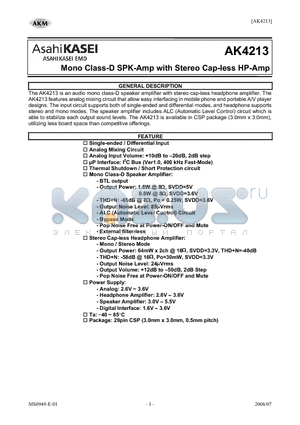 AK4213ECB datasheet - Mono Class-D SPK-Amp with Stereo Cap-less HP-Amp