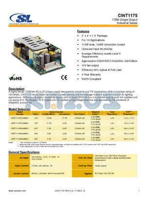 CINT1175A2406K01 datasheet - A highly dense 175Watts AC to DC power supply designed for industrial and ITE applications.