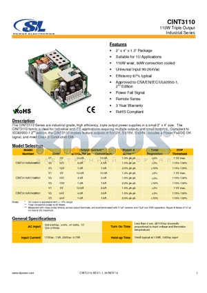 CINT3110 datasheet - The CINT3110 Series are industrial grade, high efficiency, triple output power supplies in a small 2 x 4 size.