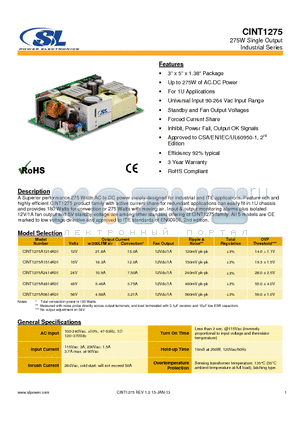 CINT1275 datasheet - A Superior performance 275 Watts AC to DC power supply designed for industrial and ITE applications.