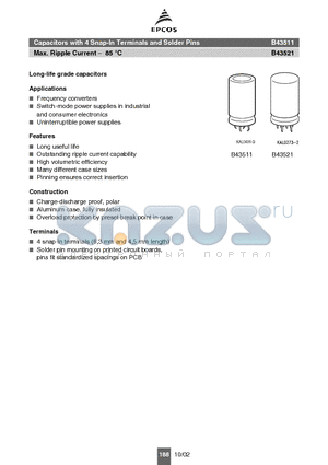 B43521C9687M000 datasheet - Capacitors with 4 Snap-In Terminals and Solder Pins