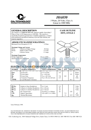 10A030 datasheet - 3 Watts, 20 Volts, Class A Linear to 1000 MHz