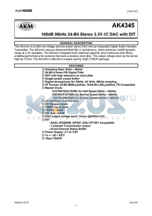 AK4345 datasheet - 100dB 96kHz 24-Bit Stereo 3.3V DS DAC with DIT