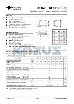 DF156 datasheet - 1.5A GLASS PASSIVATED SINGLE-PHASE BRIDGE RECTIFIER