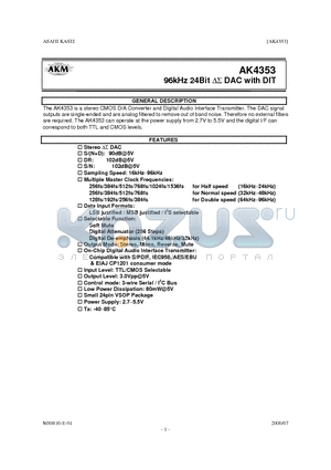 AK4353 datasheet - 96kHz 24BIT DAC WITH DIT