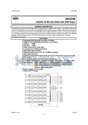 AK4358 datasheet - 192 KHZ 24 BIT 8 CH DAC WITH DSD INPUT