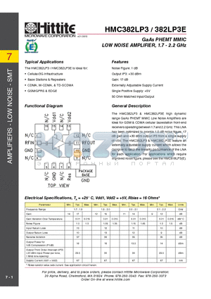 382LP3E datasheet - GaAs PHEMT MMIC LOW NOISE AMPLIFIER, 1.7 - 2.2 GHz