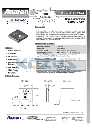 A125N50X4 datasheet - Chip Termination 125 Watts, 50Y