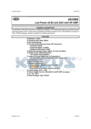 AK4366_04 datasheet - Low Power 24-Bit 2ch DAC with HP-AMP