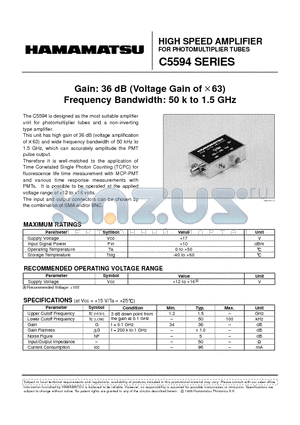 C5594 datasheet - HIGH SPEED AMPLIFIER FOR PHOTOMULTIPLIER TUBES