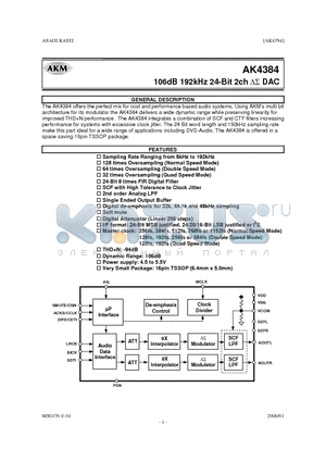 AK4384ET datasheet - 106dB 192kHz 24-Bit 2ch DS DAC