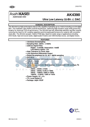 AK4390 datasheet - Ultra Low Latency 32-Bit DS DAC