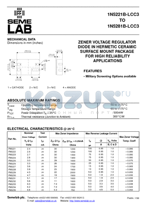 1N5230 datasheet - ZENER VOLTAGE REGULATOR DIODE IN HERMETIC CERAMIC SURFACE MOUNT PACKAGE FOR HIGH RELIABILITY APPLICATIONS