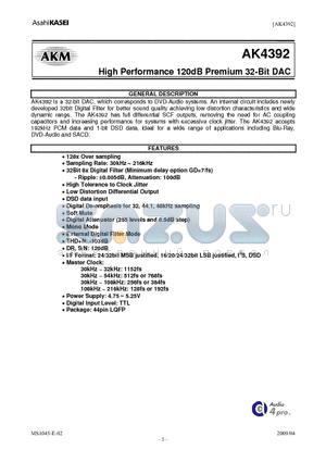 AK4392 datasheet - High Performance 120dB Premium 32-Bit DAC