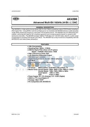 AK4396 datasheet - Advanced Multi-Bit 192kHz 24-Bit DS DAC