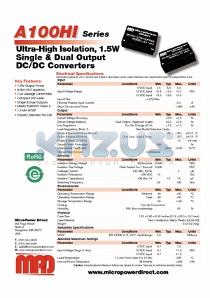 A126HI datasheet - Ultra-High Isolation, 1.5W Single & Dual Output DC/DC Converters