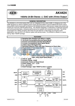AK4424 datasheet - 192kHz 24-Bit Stereo DS DAC with 2Vrms Output