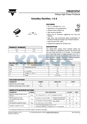 10BQ015PBF datasheet - Schottky Rectifier, 1.0 A