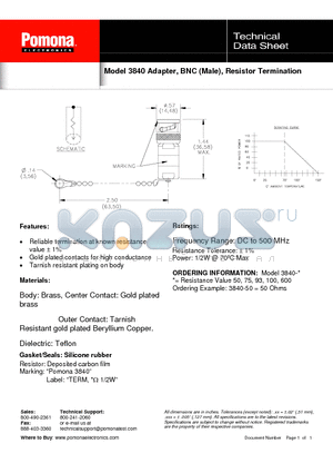3840 datasheet - Adapter, BNC (Male), Resistor Termination