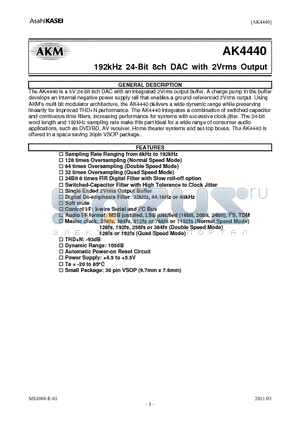 AK4440EF datasheet - 192kHz 24-Bit 8ch DAC with 2Vrms Output