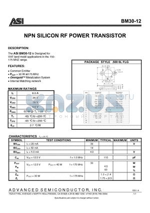 BM30-12 datasheet - NPN SILICON RF POWER TRANSISTOR