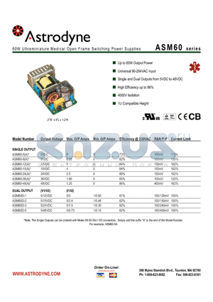 ASM60 datasheet - 60W Ultraminiature Medical Open Frame Switching Power Supplies