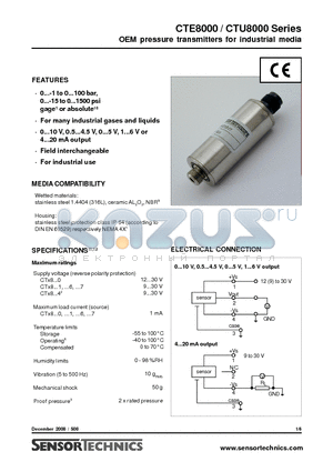 CTU8001AD4 datasheet - OEM pressure transmitters for industrial media