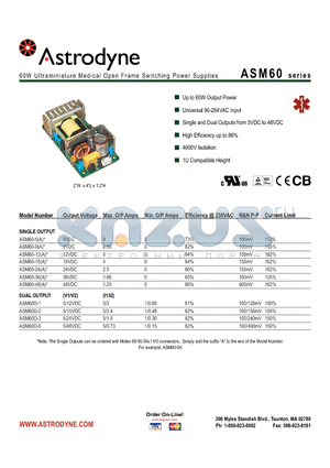 ASM60D-5 datasheet - 60W Ultraminiature Medical Open Frame Switching Power Supplies
