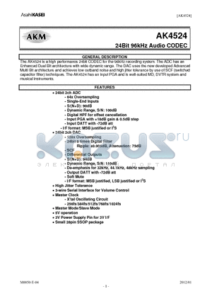 AK4524 datasheet - 24Bit 96kHz Audio CODEC