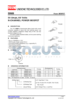 50N06L-TA3-T datasheet - 50 Amps, 60 Volts N-CHANNEL POWER MOSFET