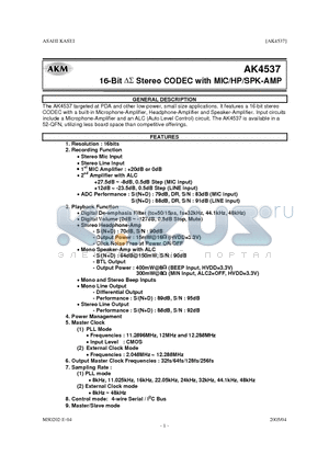 AK4537 datasheet - 16-Bit DS Stereo CODEC with MIC/HP/SPK-AMP
