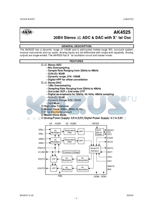 AK4525 datasheet - 20BIT STEREO ADC & DAC WITH X TAL OSC