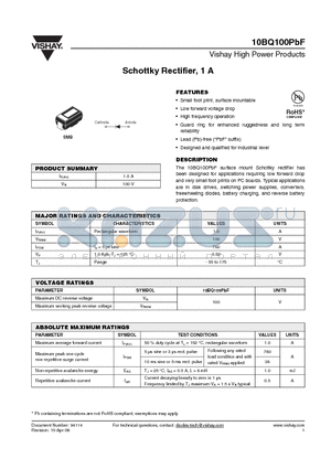 10BQ100TRPBF datasheet - Schottky Rectifier, 1 A