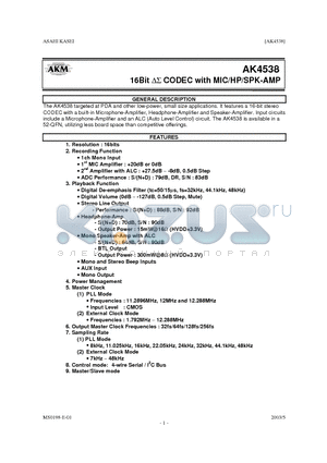 AK4538VN datasheet - 16Bit DS CODEC with MIC/HP/SPK-AMP