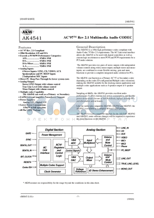 AK4541 datasheet - AC97 Rev 2.1 Multimedia Audio CODEC
