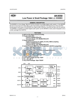 AK4550 datasheet - LOW POWER & SMALL PACKAGE 16BIT CODEC