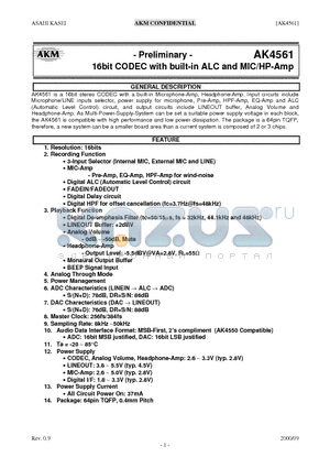 AK4561VQ datasheet - 16bit CODEC with built-in ALC and MIC/HP-Amp
