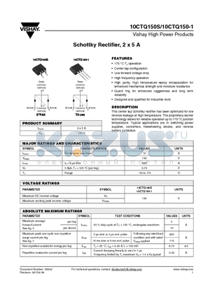 10CTQ150-1TRLTRRPBF datasheet - Schottky Rectifier, 2 x 5 A
