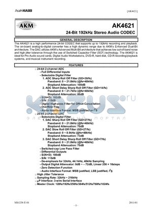 AK4621EF datasheet - 24-Bit 192kHz Stereo Audio CODEC