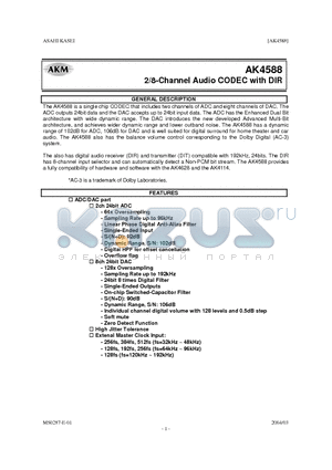 AK4588 datasheet - 2/8 CHANNEL AUDIO CODEC WITH DIR