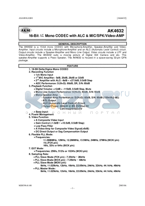 AK4632VN datasheet - 16-Bit DS Mono CODEC with ALC & MIC/SPK/Video-AMP