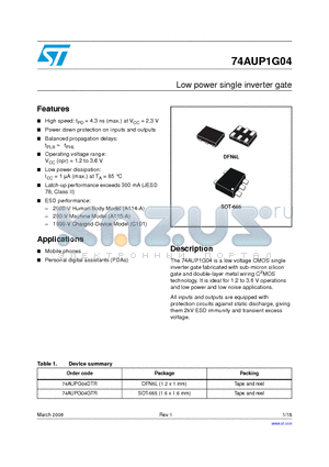 74AUPG04GTR datasheet - Low power single inverter gate