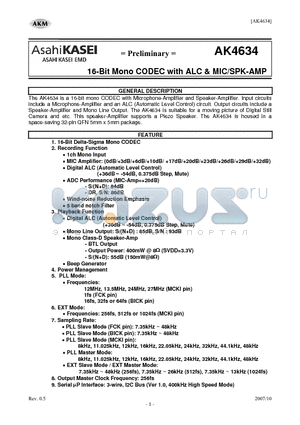 AK4634 datasheet - 16-Bit Mono CODEC with ALC & MIC/SPK-AMP